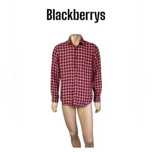 BlackBerrys 100% linen slim red plaid button down casual long sleeves shirt XL